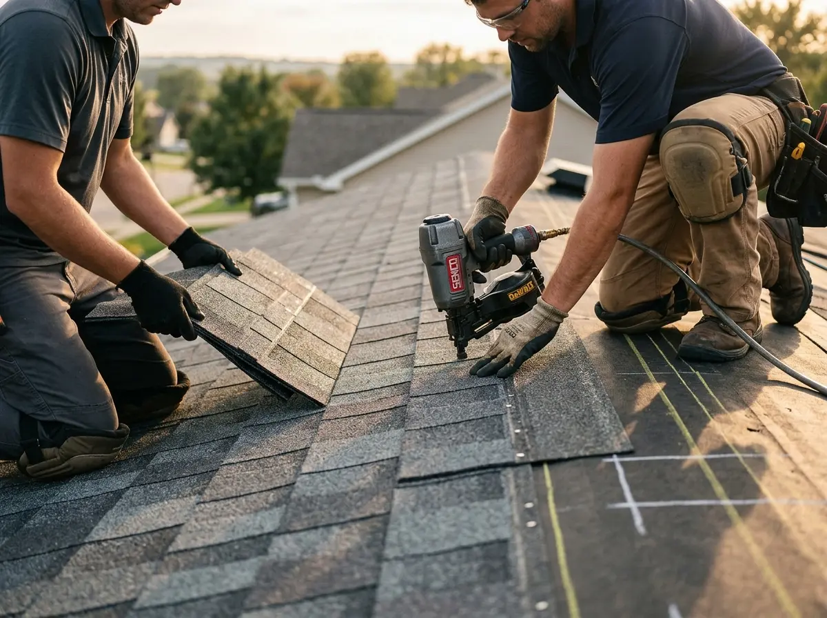 Professional roofer working on a residential roof in South Hadley